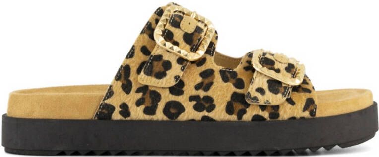 Graceland slippers met panterprint beige zwart