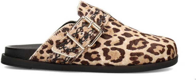 Haboob Amelie suède clogs met panterprint beige bruin