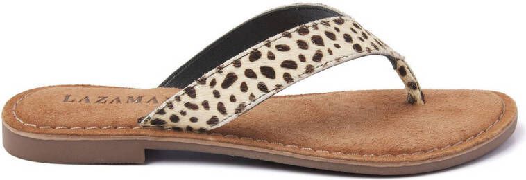 Lazamani 75.481 leren teenslippers met dierenprint ecru zwart