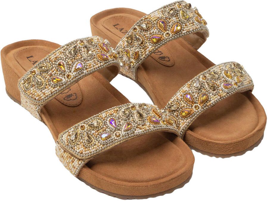Lazamani Bo suède slippers met kraaltjes beige - Foto 3