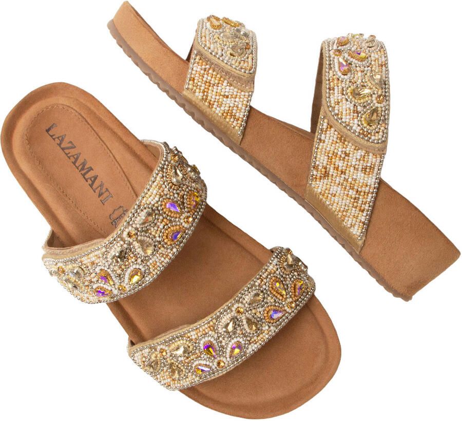 Lazamani Bo suède slippers met kraaltjes beige - Foto 2