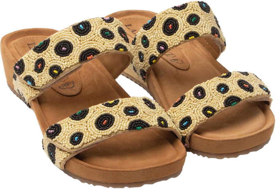 Lazamani Ellie leren slippers met sleehak en kraaltjes beige - Foto 3