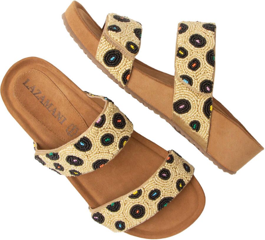 Lazamani Ellie leren slippers met sleehak en kraaltjes beige - Foto 2