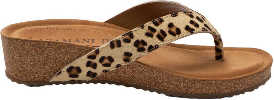 Lazamani Leia teenslippers met sleehak en panterprint beige zwart