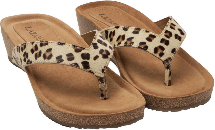 Lazamani Leia teenslippers met sleehak en panterprint beige zwart - Foto 3