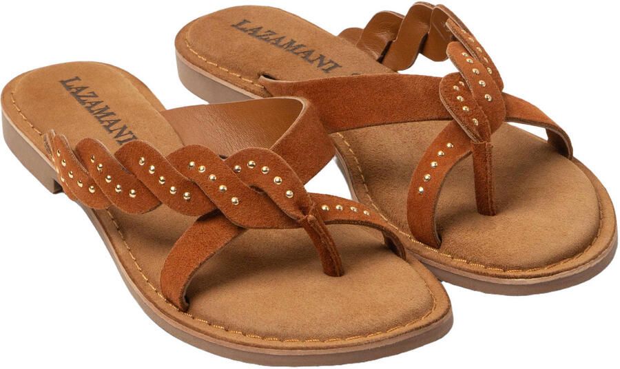 Lazamani Lena suède slippers met studs cognac - Foto 3