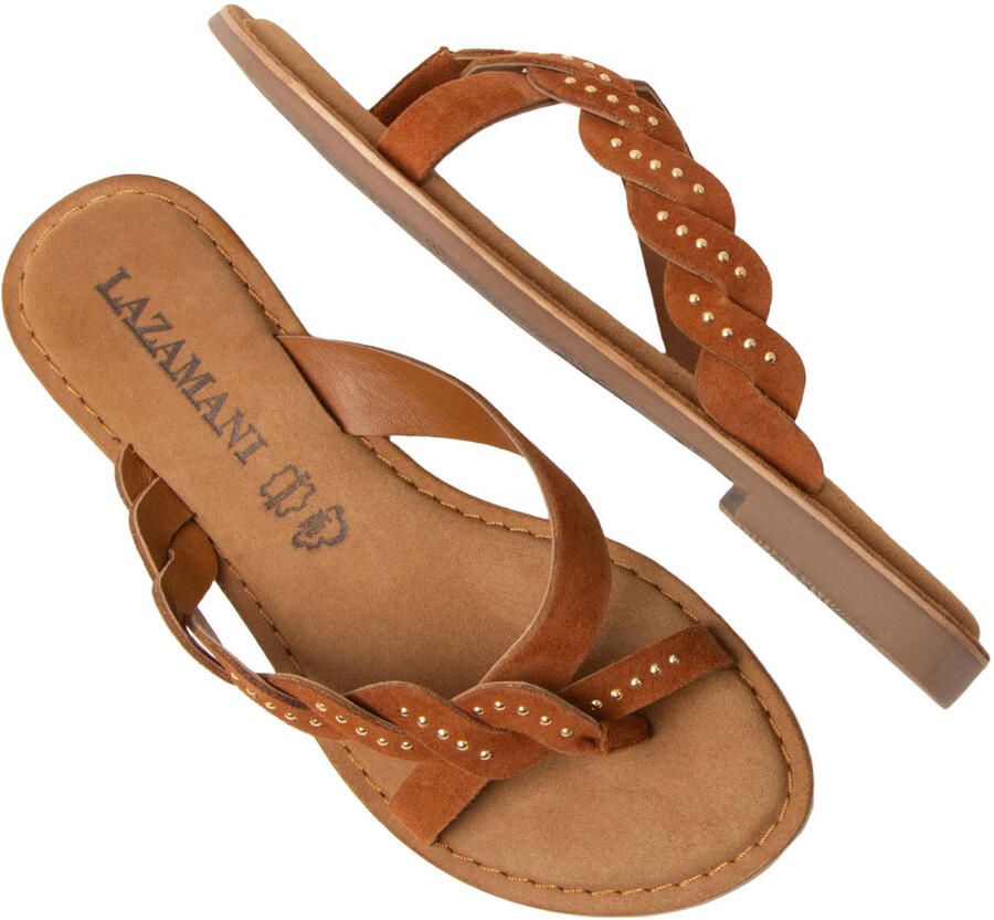 Lazamani Lena suède slippers met studs cognac - Foto 2