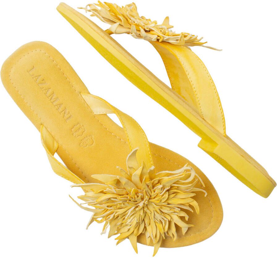 Lazamani leren teenslippers met 3d applicatie geel - Foto 2