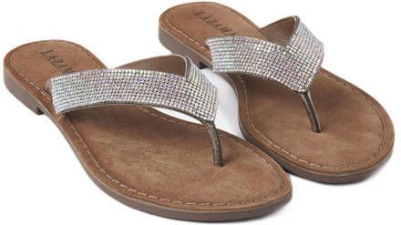 Lazamani leren teenslippers met strass beige