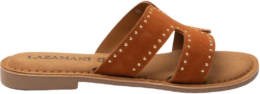 Lazamani Lina suède slippers met studs cognac