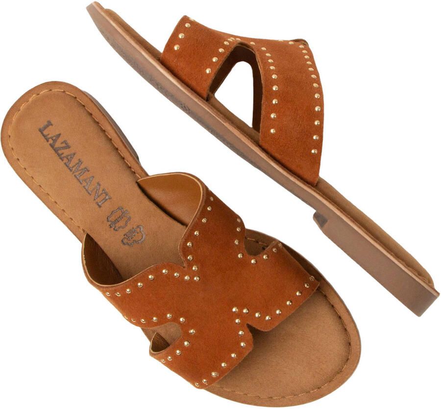 Lazamani Lina suède slippers met studs cognac - Foto 2