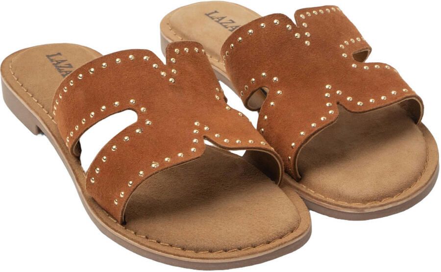 Lazamani Lina suède slippers met studs cognac - Foto 3
