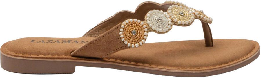 Lazamani Loua leren teenslippers met kraaltjes cognac beige