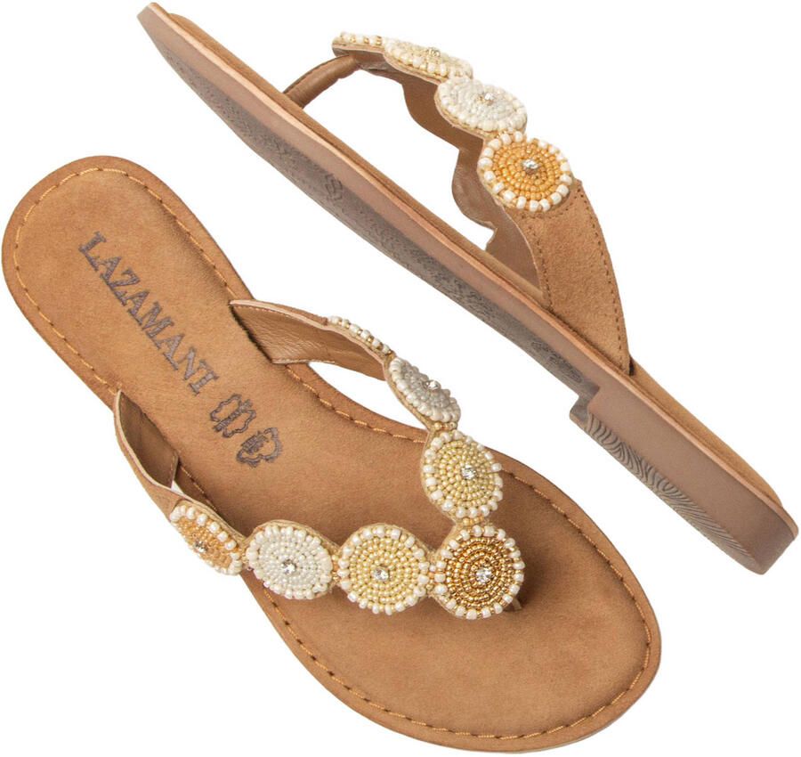 Lazamani Loua leren teenslippers met kraaltjes cognac beige - Foto 2