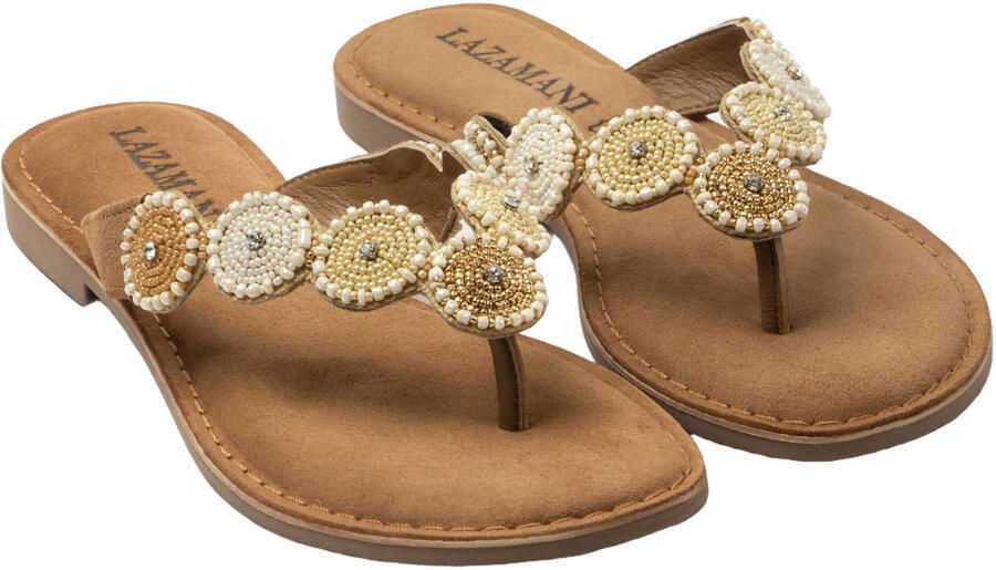 Lazamani Loua leren teenslippers met kraaltjes cognac beige - Foto 3