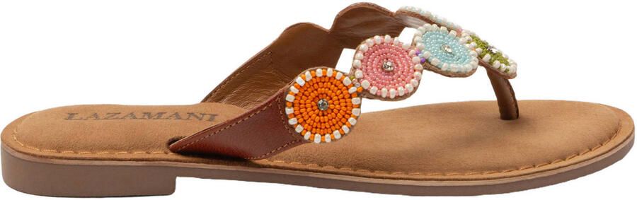 Lazamani Loua leren teenslippers met kraaltjes cognac pastel
