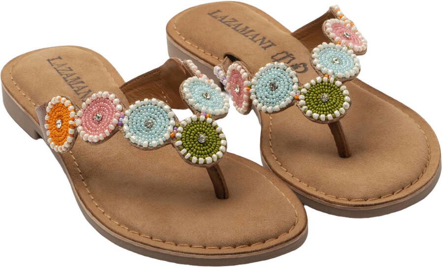 Lazamani Loua leren teenslippers met kraaltjes cognac pastel - Foto 3