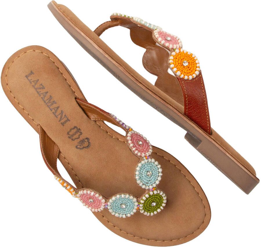 Lazamani Loua leren teenslippers met kraaltjes cognac pastel - Foto 2