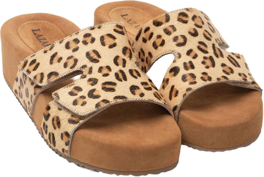 Lazamani Mille slippers met plateauzool en panterprint beige - Foto 3