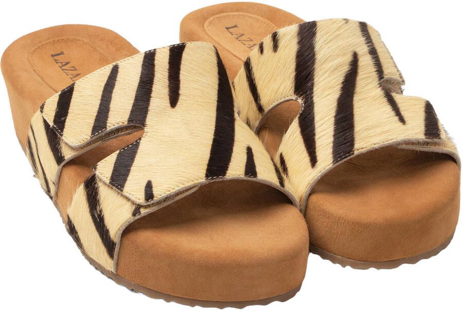 Lazamani Mille slippers met plateauzool en zebraprint beige zwart - Foto 3