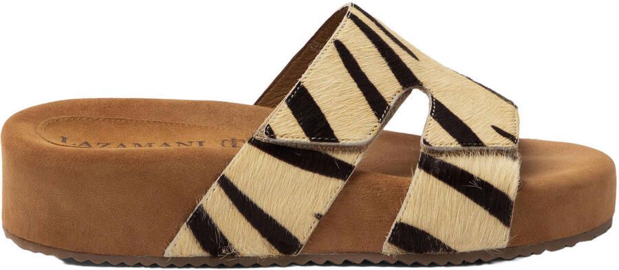 Lazamani Mille slippers met plateauzool en zebraprint beige zwart