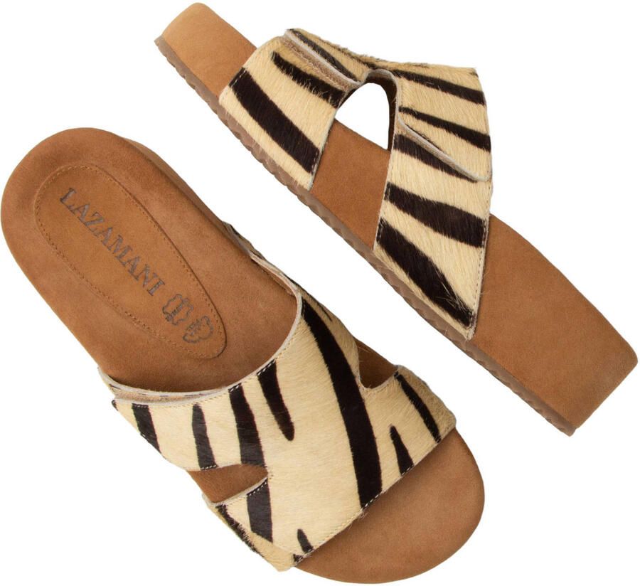 Lazamani Mille slippers met plateauzool en zebraprint beige zwart - Foto 2
