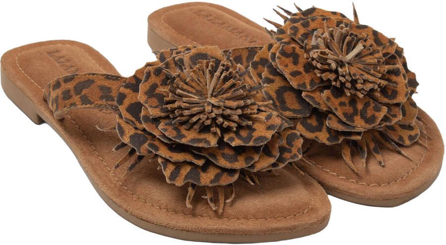Lazamani Nomi suède teenslippers met panterprint cognac - Foto 3