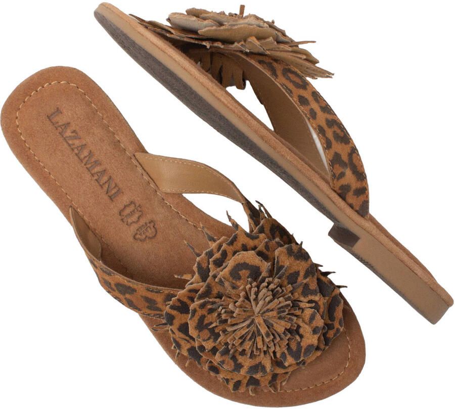Lazamani Nomi suède teenslippers met panterprint cognac - Foto 2