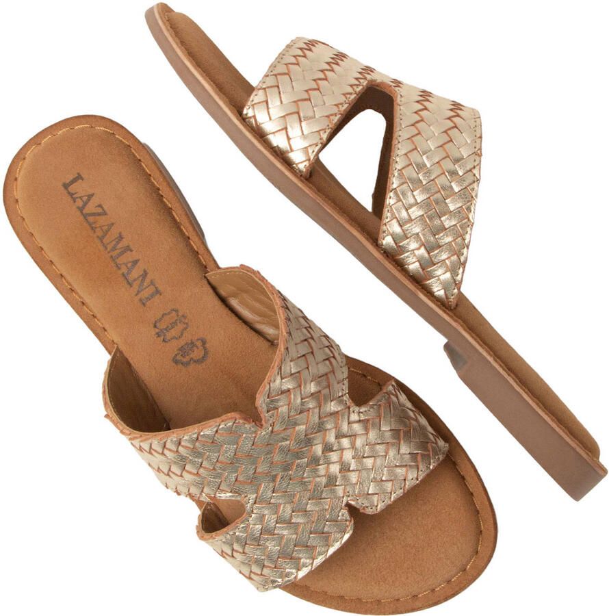 Lazamani Puck leren slippers met gevlochten goud - Foto 2