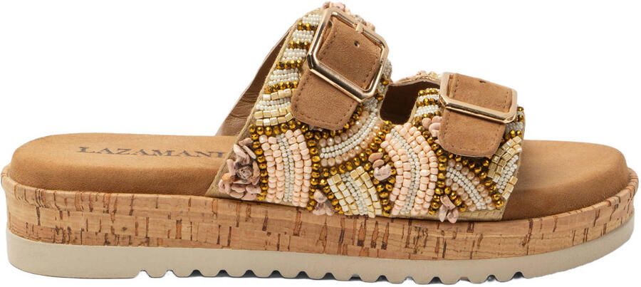 Lazamani Ragna suède slippers met plateauzool en kraaltjes cognac