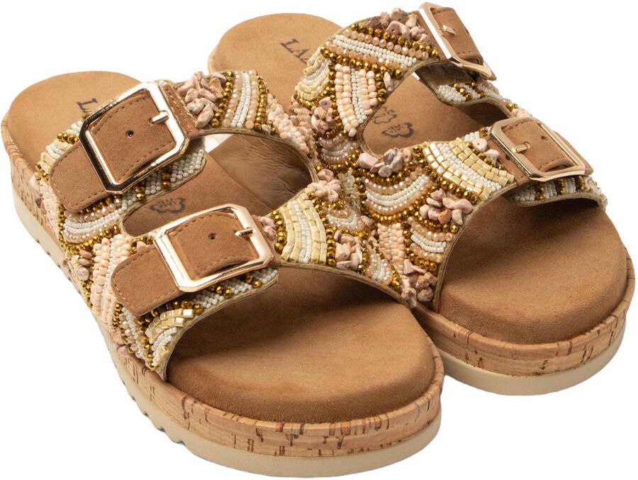 Lazamani Ragna suède slippers met plateauzool en kraaltjes cognac - Foto 3