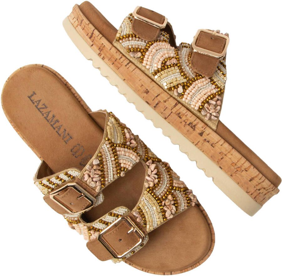 Lazamani Ragna suède slippers met plateauzool en kraaltjes cognac - Foto 2