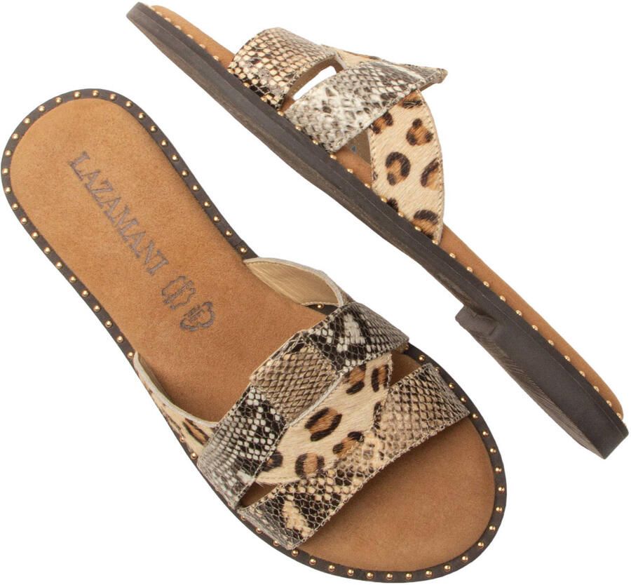 Lazamani Suze leren slippers met dierenprint en panterprint beige zwart - Foto 2