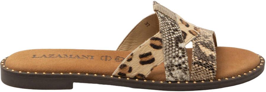 Lazamani Suze leren slippers met dierenprint en panterprint beige zwart