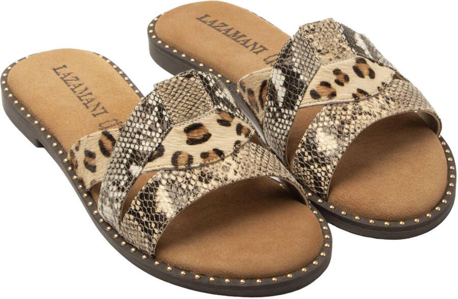 Lazamani Suze leren slippers met dierenprint en panterprint beige zwart - Foto 3