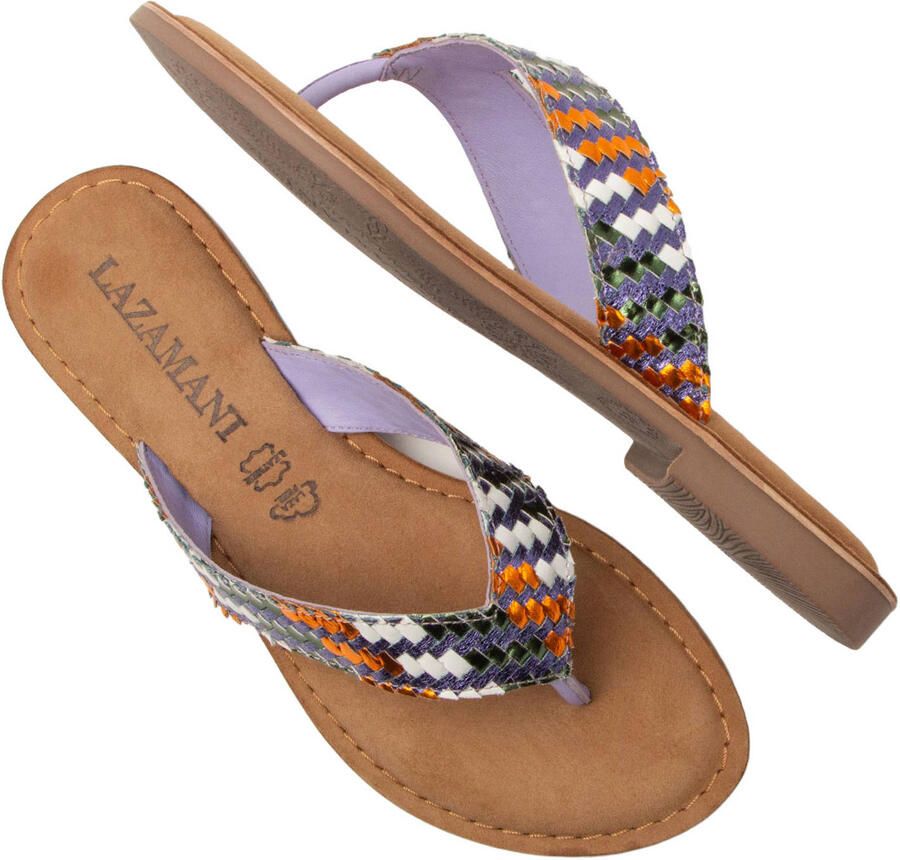 Lazamani Tess leren teenslippers gevlochten lila - Foto 2