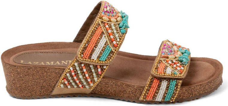 Lazamani leren slippers met kraaltjes oranje turquoise