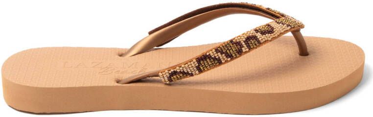 Lazamani teenslippers met kraaltjes en panterprint beige