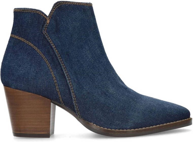 Manfield Dames Blauwe denim enkellaarsjes met hak