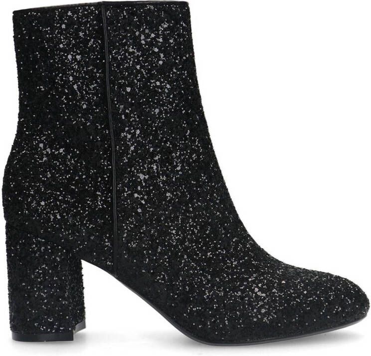 Manfield Dames Zwarte glitter enkellaarsjes met hak