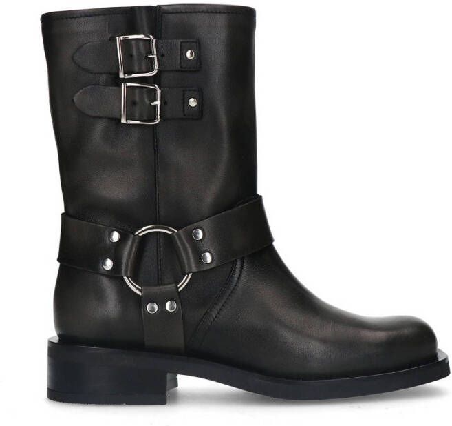 Manfield Dames Zwarte leren biker boots met zilverkleurige gespjes