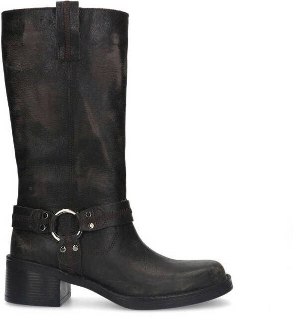 Manfield Dames Grijze leren biker boots met zilverkleurige gespen