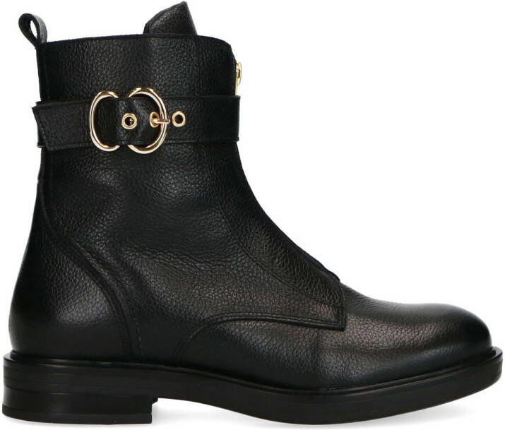 Manfield Dames Zwarte leren biker boots met gesp