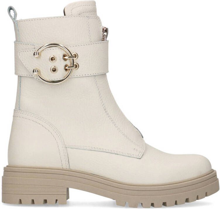 Manfield Dames Off white leren biker boots met gesp