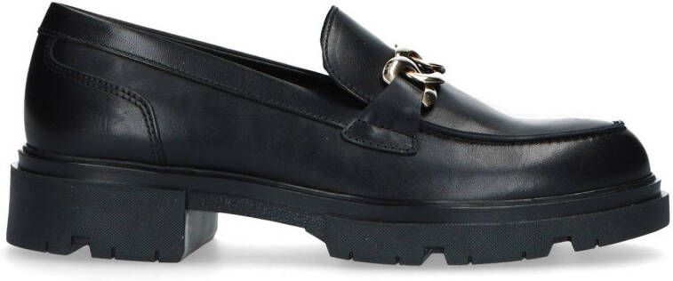 Manfield Dames Zwart leren loafers met goudkleurige chain