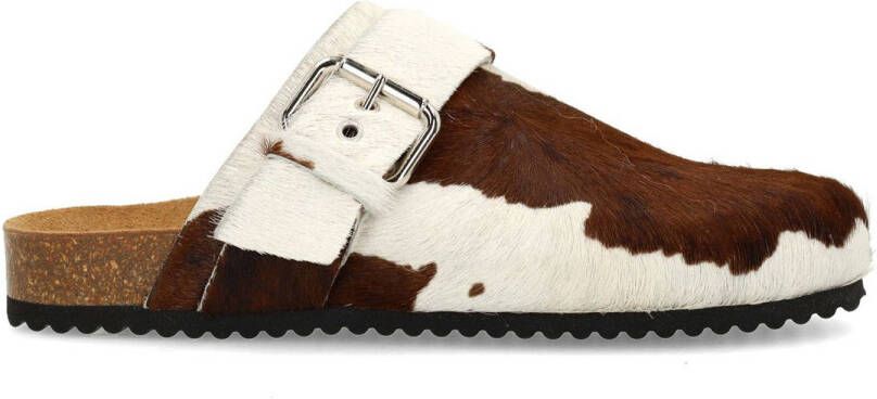 Manfield leren clogs met ponyhair en koeienprint bruin wit