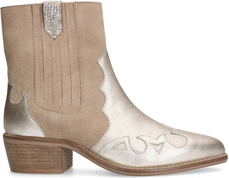 Manfield Dames Beige suède cowboy laarzen met zilveren metallic details