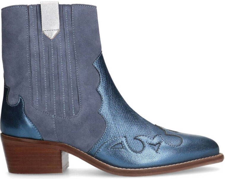 Manfield Dames Blauwe suède metallic cowboy laarzen