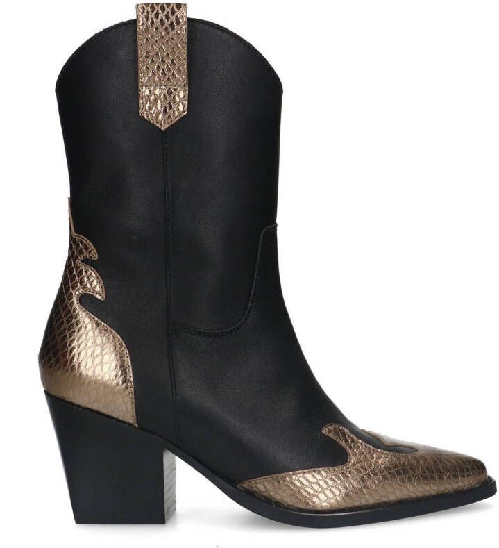 Manfield Dames Zwarte leren cowboy laarzen met goudkleurige details