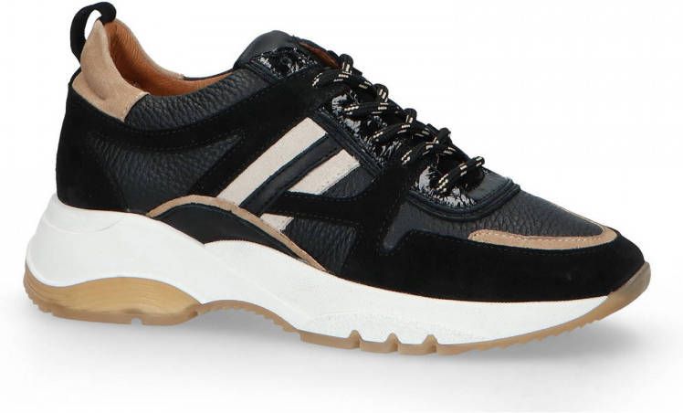 Commandant bibliothecaris Traditie Manfield Dames Zwarte dad sneakers met beige details - Schoenen.nl